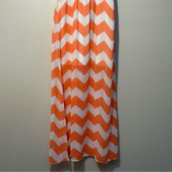 Maxi Sundress Chevron Print Women’s Medium Orange White Spaghetti Straps. - Picture 8 of 12